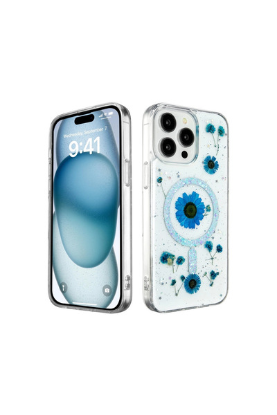 eco port iPhone 14 Pro Case Daisy Glitter Magsafe Cover - Blue