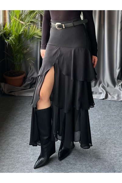 PATEVA Pleated Layered Deep Slit Long Skirt