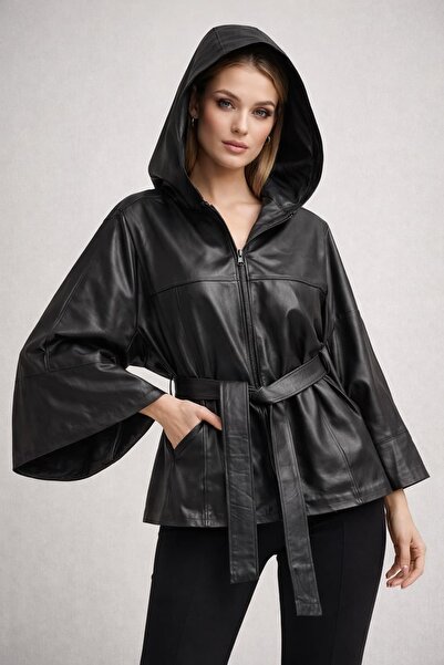 Levin Peak Montenegro Premium Kadın Deri Ceket Kapüşonlu ( Siyah )