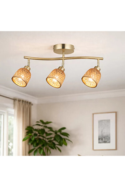 ENLIS 3’lü Antik Plafonyer Avize Rattan Hasır Görünümlü E27 Duy Yönlendirileb...