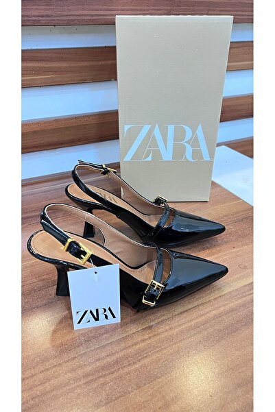 BENİM O AYAKKABI Women's Black Patent Leather Buckle Open-Back Heeled Shoes 7 cm