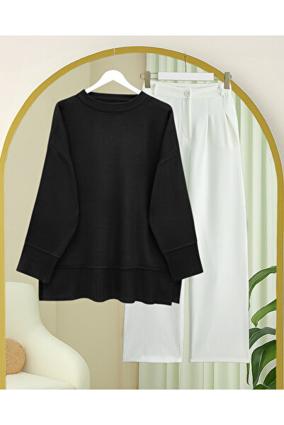 Modamorfo Ribbed Round Neck Slit Knitwear Tunic with Ribbed Hem and Sleeve Cu...