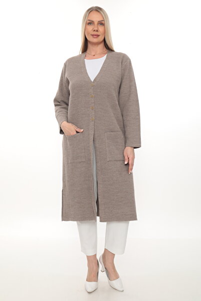 İKSUN Steel Knit Buttoned Pocketed Knitwear Winter Thick Long Mother's Knit C...