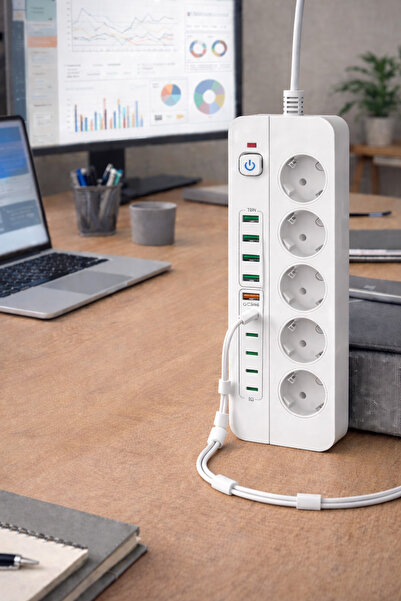 SMAYLİNG 3500W Akım Korumalı 5’li Priz | 5 USB-A + 5 Type-C |Açma Kapama Anahtarlı | 2 Metre Kablo