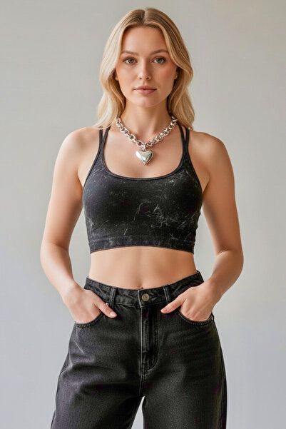 satya Yıkanmış batik efektli arkası cut out pencereli dikişsiz crop top