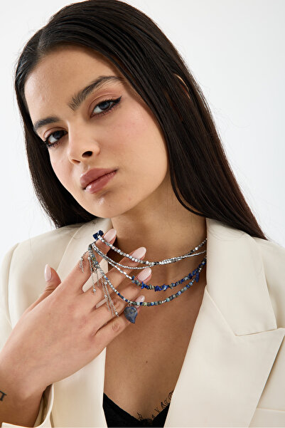 JİMNY JEWELRY Azura Lapis Lazuli & Hematite Multiple Steel Necklace