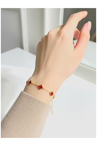 ATALYA ACCESSORY Mini Clover Women's Bracelet – Burgundy Stone, Stainless Ste...