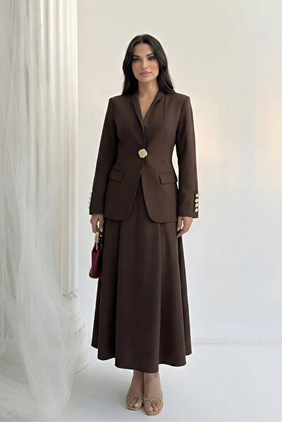 Potenza Women's Suit One Button Detail Mock Neck Blazer Jacket Long Bell Skir...