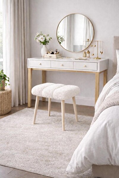 KOKİ DESİGN Peluş Kumaş Beyaz Dekoratif Puf Tabure Makyaj Masası Pufu