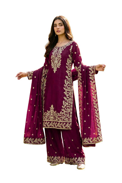 MYSMAR بلوزة من الحرير الأرجواني بالازو والوشاح - HRT6663 | أرجواني