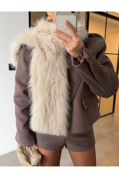 codudem Ekru yumuşak peluş suni kürk atkı