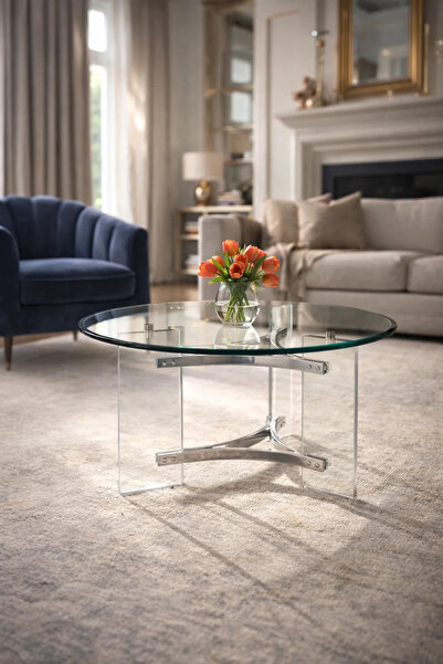 MARIA HOMES Luxury Round Glass Center Table with Transparent Acrylic Base and...