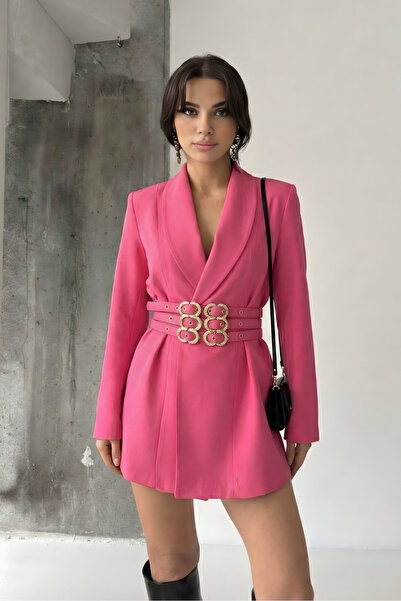 Potenza Women's Blazer Jacket Gold Triple Belt Detail Double-Breasted Collar ...