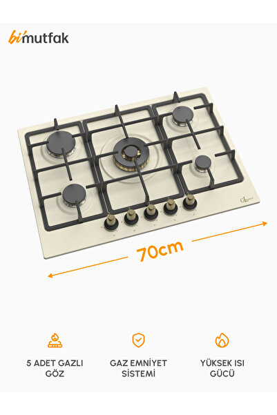 GL GENERAL Rustik 70cm 5 Gözlü Döküm Izgaralı Emaye Ocak