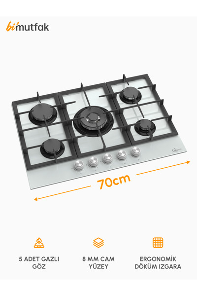 GL GENERAL Nowa 70cm 5 Gözlü Döküm Izgaralı Cam Ocak