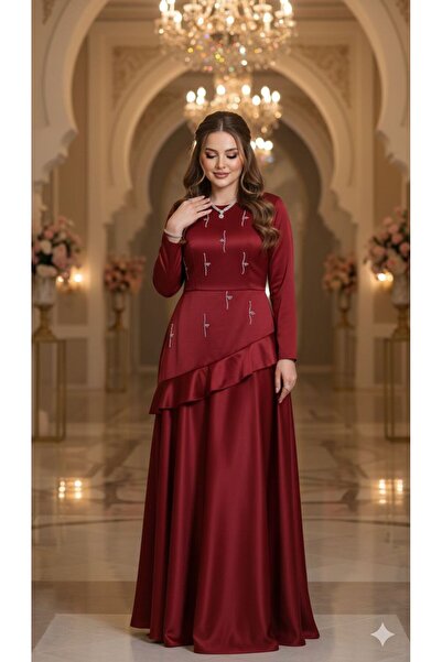 NARCISSUS FASHION dark red satin evening dress