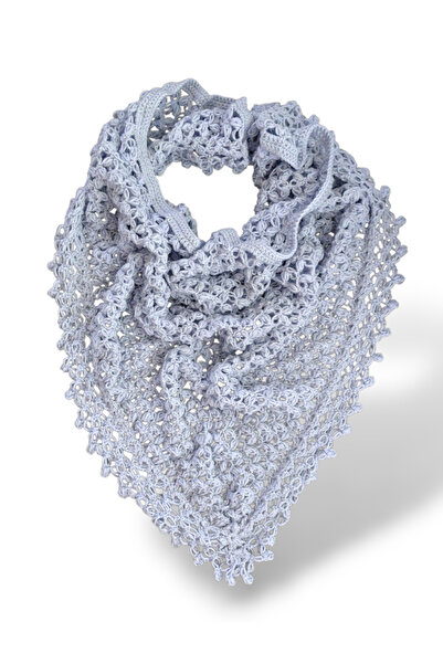 Tokuşka Hand Knitted Triangle Spider Web Patterned Tassel Shoulder Shawl