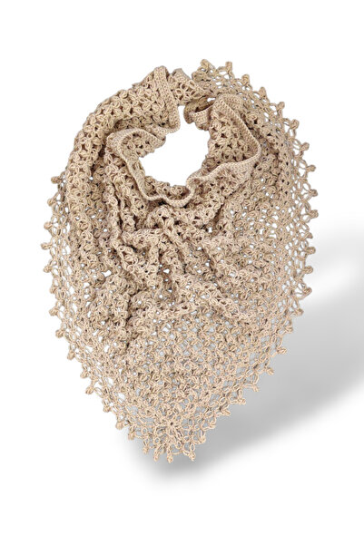 Tokuşka Hand Knitted Triangle Spider Web Patterned Tassel Shoulder Shawl