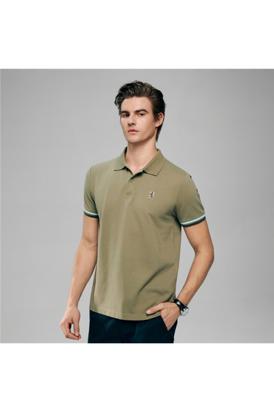 Giordano قميص بولو رجالي قطني ضيق عالي الأداء مزين بتطريز أسد صغير