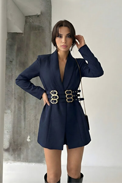 Potenza Women's Blazer Jacket Gold Triple Belt Detail Double-Breasted Collar ...