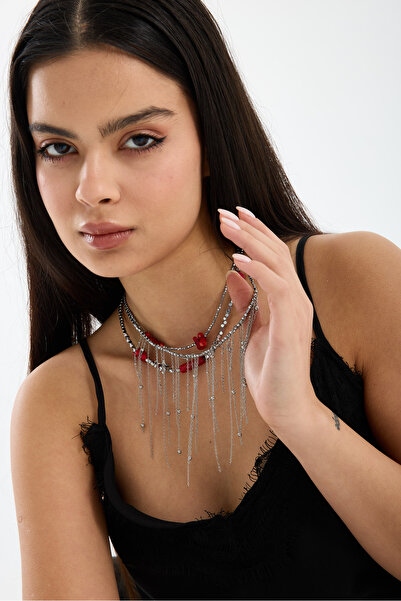 JİMNY JEWELRY Scarlet – Coral & Hematite 3-Piece Necklace Set