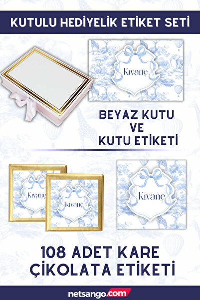 Netsan Etiket Mavi Fiyonk ve Fil Desen Çikolata Etiketi, Kutu Etiketi ve Beya...
