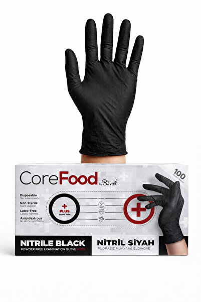 Medicalx Corefood Pudrasız Extra Kalın Siyah Nitril Muayene Eldiveni 100'lü x...