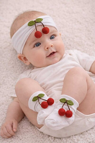 MERİWA Bebek Kız Kirazlı Bandana Çorap Seti -Yenidoğan Hastane Çıkışı (0-1Yaş)