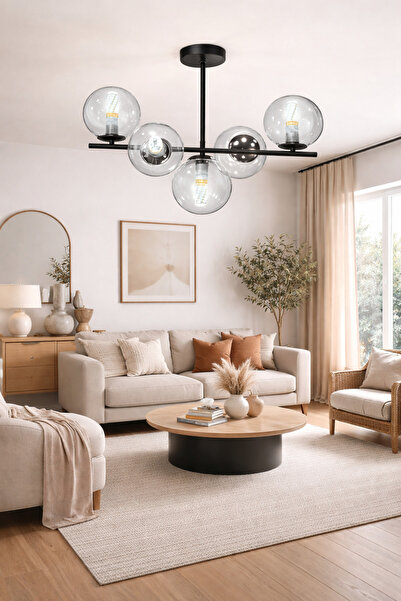 ESSLİGHT Riva 5’li Füme Glob Camlı Modern Salon Mutfak Yatak Odası Avizesi