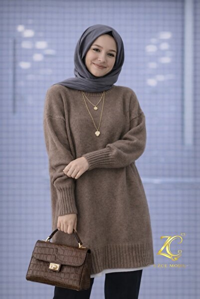 UZÇE MODA Vizon Renk Bisiklet Yaka Oversize Kadın Triko Kazak Tunik