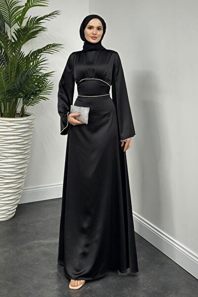 Şulemoda Giyim Rochie de seară neagră cu mâneci și talie cu piatră baghetă