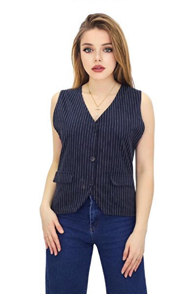 MADAM PARS Women's Navy Blue Striped V-Neck Buttoned Classic Vest - Blazer St...