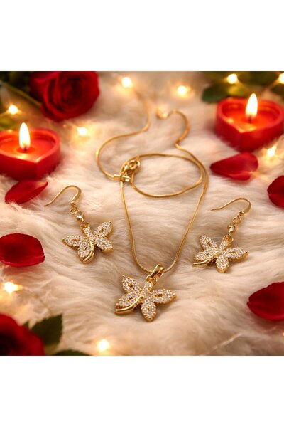 Kidsmadamiko Çelik Gold Renk Kelebek Zirkon Taşlı Kolye Küpe Takım