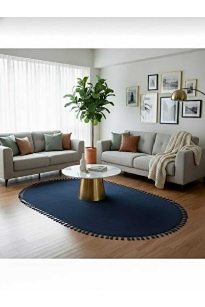 ALTUN CARPET Covor de pluș modern, albastru închis, cu pompon și margini, ant...