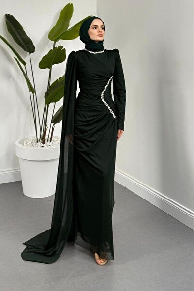 Şulemoda Giyim Sparkling Tulle Evening Dress with Stone Detail Emerald