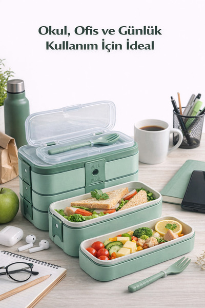 Janissary Yeşil 3 Katlı Lunch Box – Çatal & Kaşıklı – Taşıma Saplı, 1260 ml B...