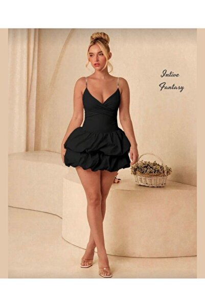 İntive Lingerie Intive Skirt Embossed Balloon Cut Thin Straps V-Neck Mini Nig...