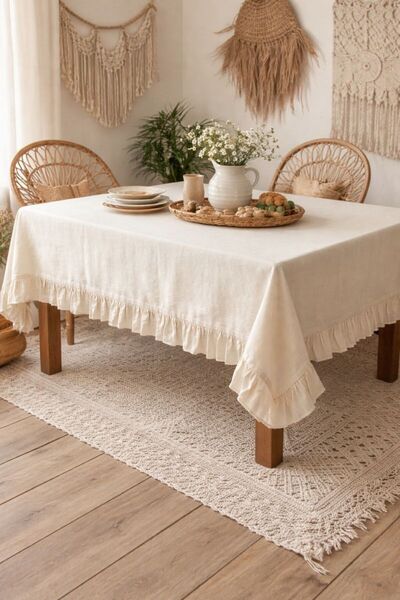 Soft Kare مفرش طاولة من الكتان البوهيمي - ملمس الكتان الطبيعي، تفاصيل كشكشة أ...