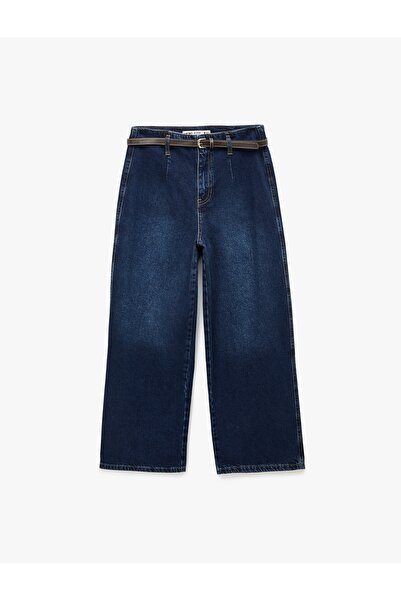 Koton Ψηλόμεσο βαμβακερό παντελόνι τζιν με φαρδιά μπατζάκια και ζώνη - Τζιν μ...