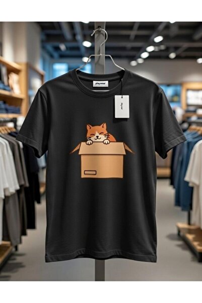 playwear PLAY WEAR Tricou unisex cu imprimeu CAT IN BOX, cu decolteu rotund