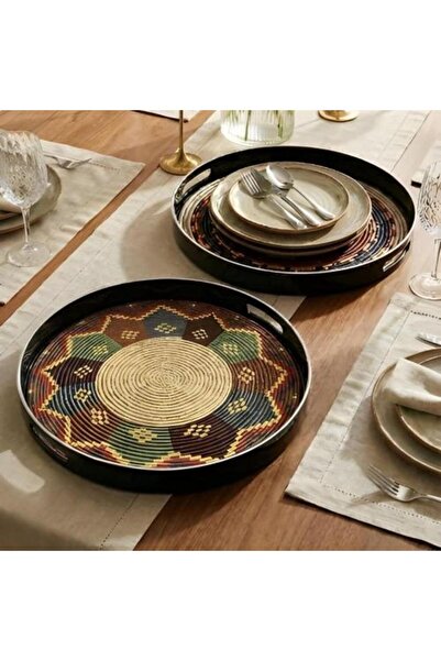 Generic Round Serving Tray Set 'Sadu Pattern' - 2 Pieces with Elevated Edges ...