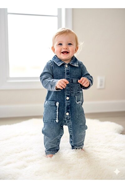 BEREN %100 Pamuk Bayramlık Erkek Bebek Jean Tulum Eskitme Detaylı Çıtçıtlı/Dü...