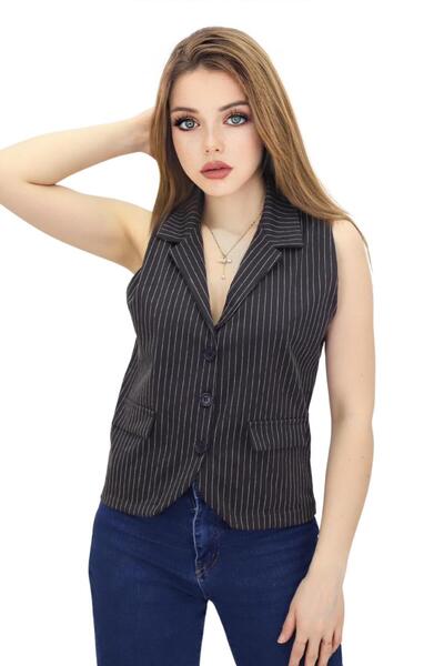 MADAM PARS Women's Brown Striped Crop Cut Jacket Vest Double Breasted Lapel B...