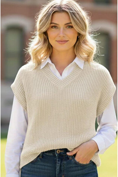 GenelTedarik V Yaka Örgü Triko Süveter - Pastel Yeşil Oversize Kesim