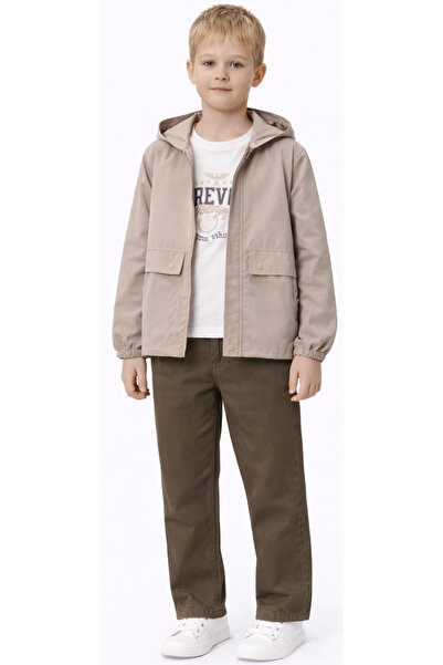 İrem Çocuk Giyim Boy's Light Brown Color Hooded Pocket Model Raincoat Sweatsh...