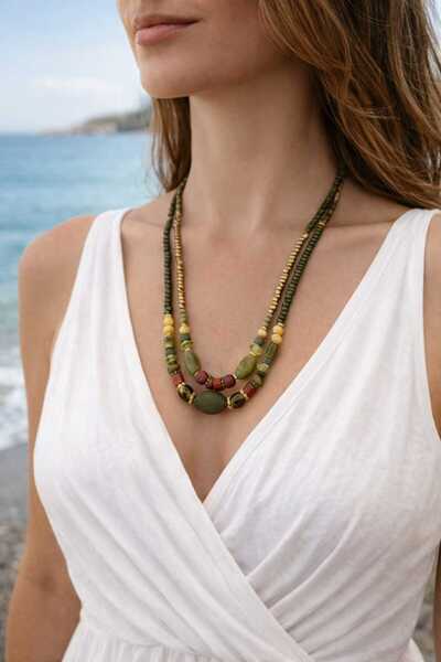 cleopatra takı aksesuar Verdena Doğal Taşlı Çift Sıra Bohem Kadın Kolye