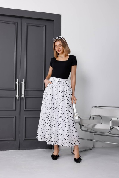 Milamia Polka Dot Pattern Lined Casual Long Voile Linen Skirt with Belt