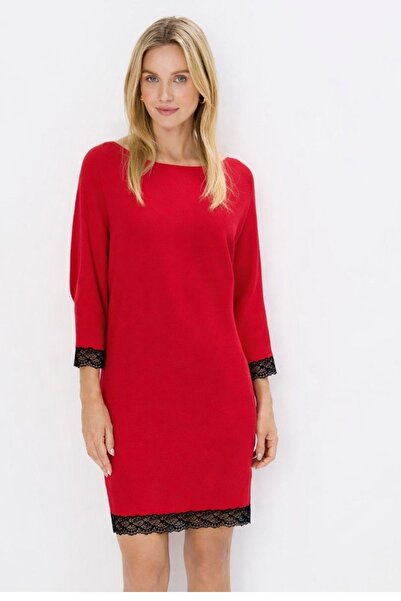 MAG FASHİON Lace Red Knitwear Dress Bat Sleeve Boat Neck
