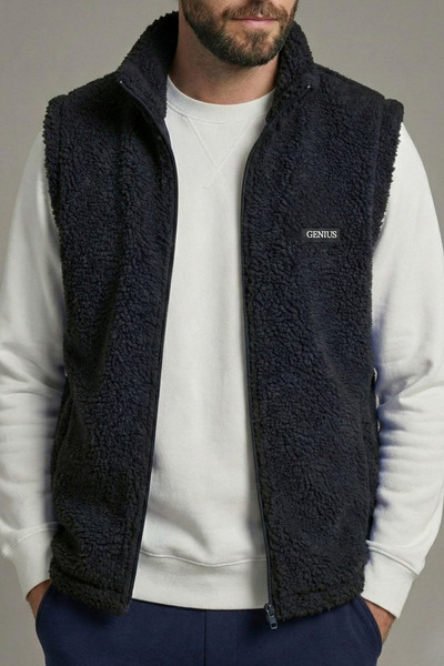 GENIUS STORE Ανδρικό γιλέκο με επένδυση Sherpa, βελούδινο γιλέκο με πλήρες φε...