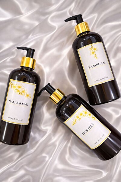 AY&ÇA HOME 3'lü Amber Sakura Çiçekli Gold Başlıklı Şampuan, Duş Jeli Ve Saç K...